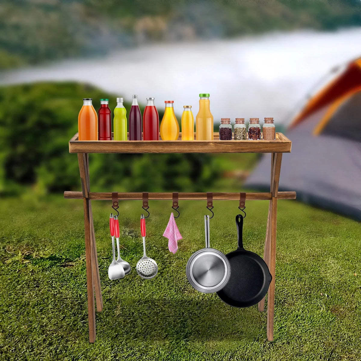 Miumaeov Wooden Portable Picnic Rack Outdoor Grill Rack Storage Table Shelf for Picnic, Camping, BBQ