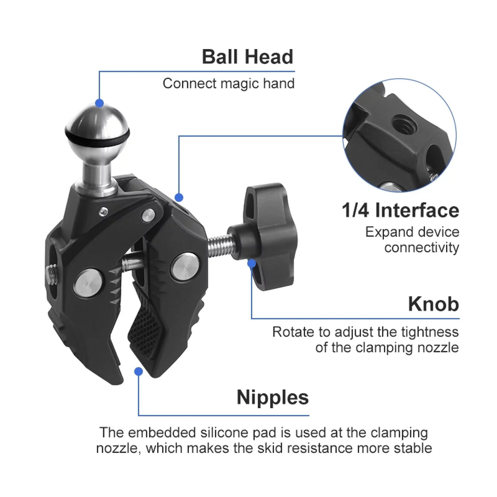 Aluminum Alloy Camera Mount Clamp - Bicycle Handlebar Adapter, 1.5kg Load Capacity, Dual Rotatable Ball Head, Adapter, appropriate with AKASO, DJI, Hero 11/10/9/8/7, Insta360
