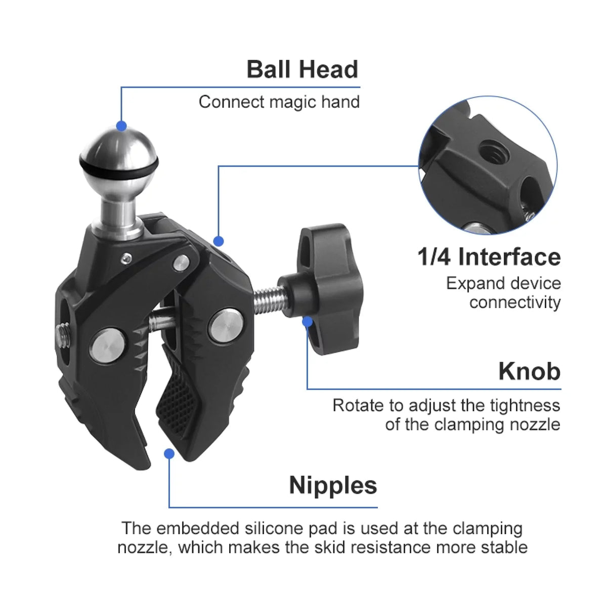 Aluminum Alloy Camera Mount Clamp - Bicycle Handlebar Adapter, 1.5kg Load Capacity, Dual Rotatable Ball Head, Adapter, appropriate with AKASO, DJI, Hero 11/10/9/8/7, Insta360