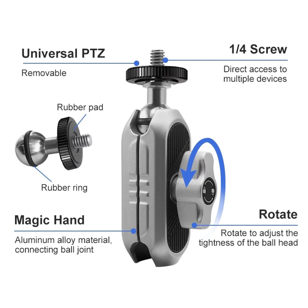 Aluminum Alloy Camera Mount Clamp - Bicycle Handlebar Adapter, 1.5kg Load Capacity, Dual Rotatable Ball Head, Adapter, appropriate with AKASO, DJI, Hero 11/10/9/8/7, Insta360
