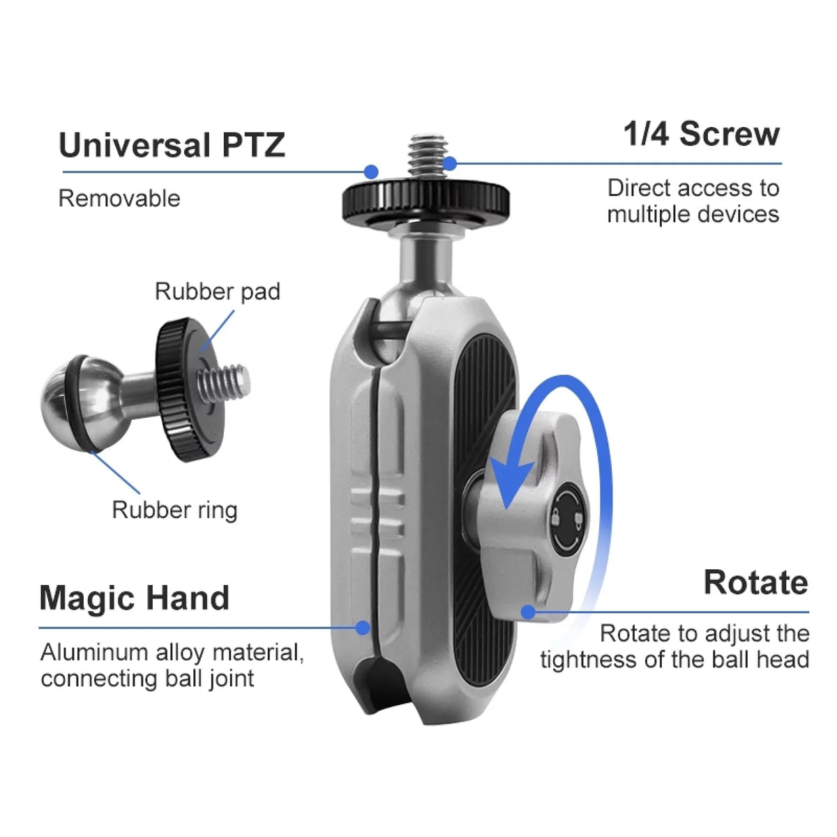 Aluminum Alloy Camera Mount Clamp - Bicycle Handlebar Adapter, 1.5kg Load Capacity, Dual Rotatable Ball Head, Adapter, appropriate with AKASO, DJI, Hero 11/10/9/8/7, Insta360