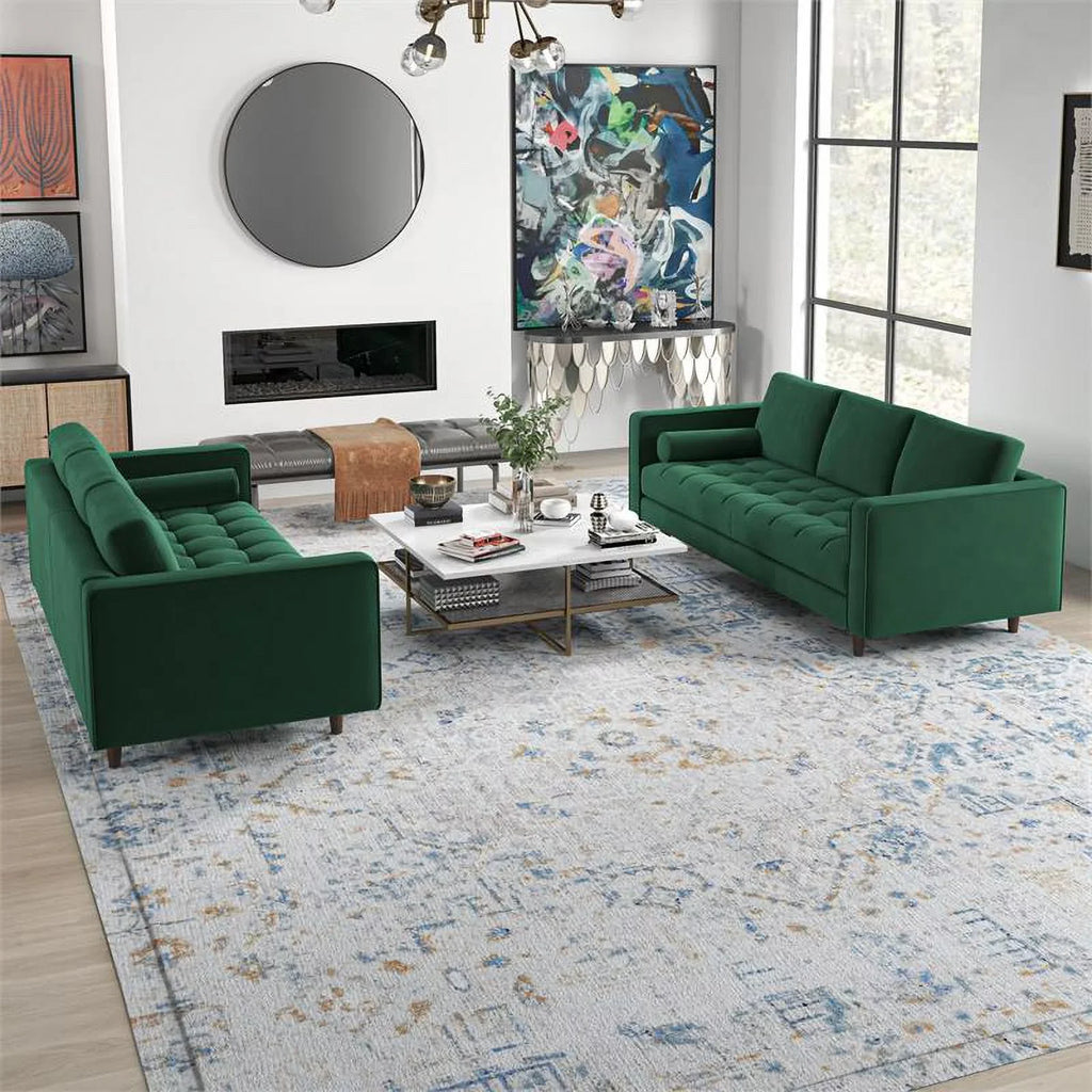 Tahir Mid-Century Pillow Back Velvet Sofa Set in Green