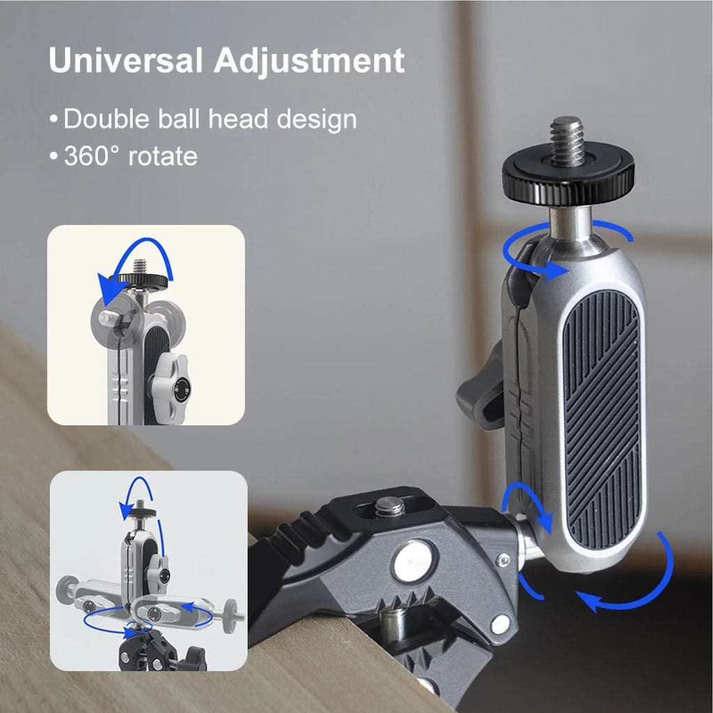 Aluminum Alloy Camera Mount Clamp - Bicycle Handlebar Adapter, 1.5kg Load Capacity, Dual Rotatable Ball Head, Adapter, appropriate with AKASO, DJI, Hero 11/10/9/8/7, Insta360