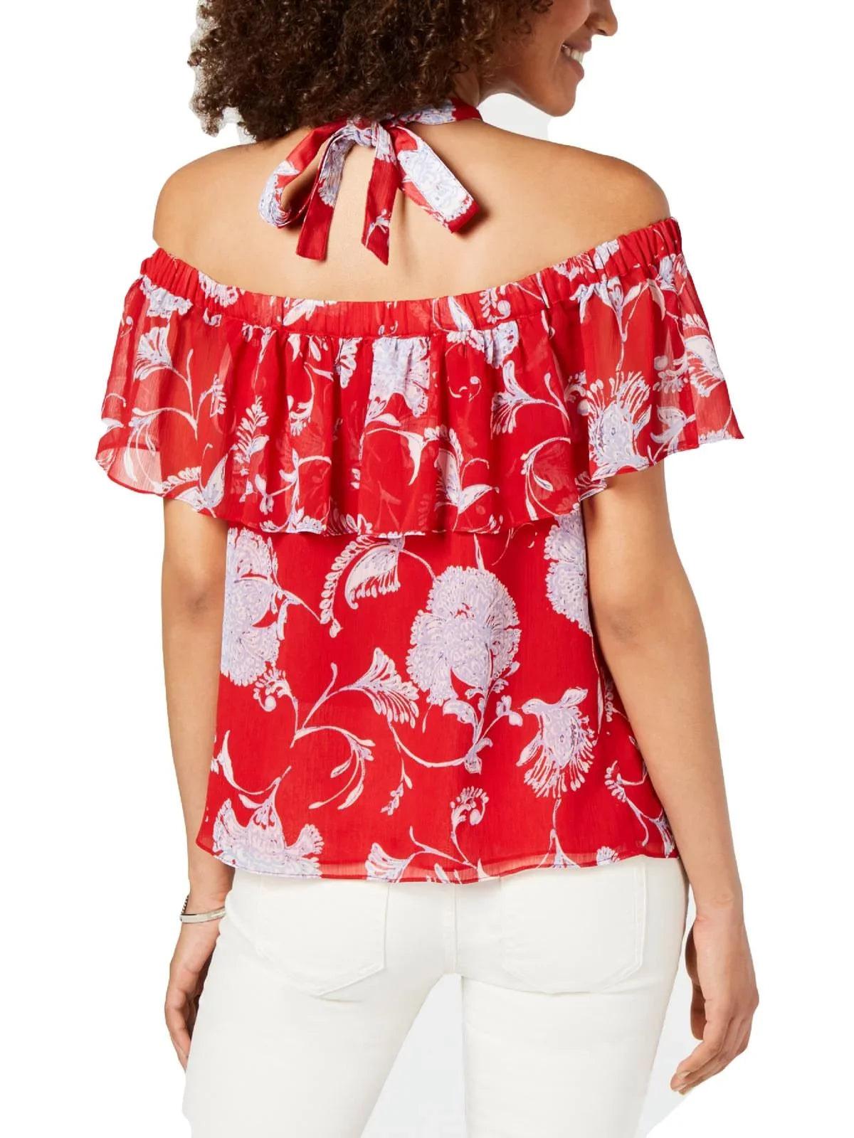 Tommy Hilfiger Womens Off the Shoulder Printed Blouse Red XS