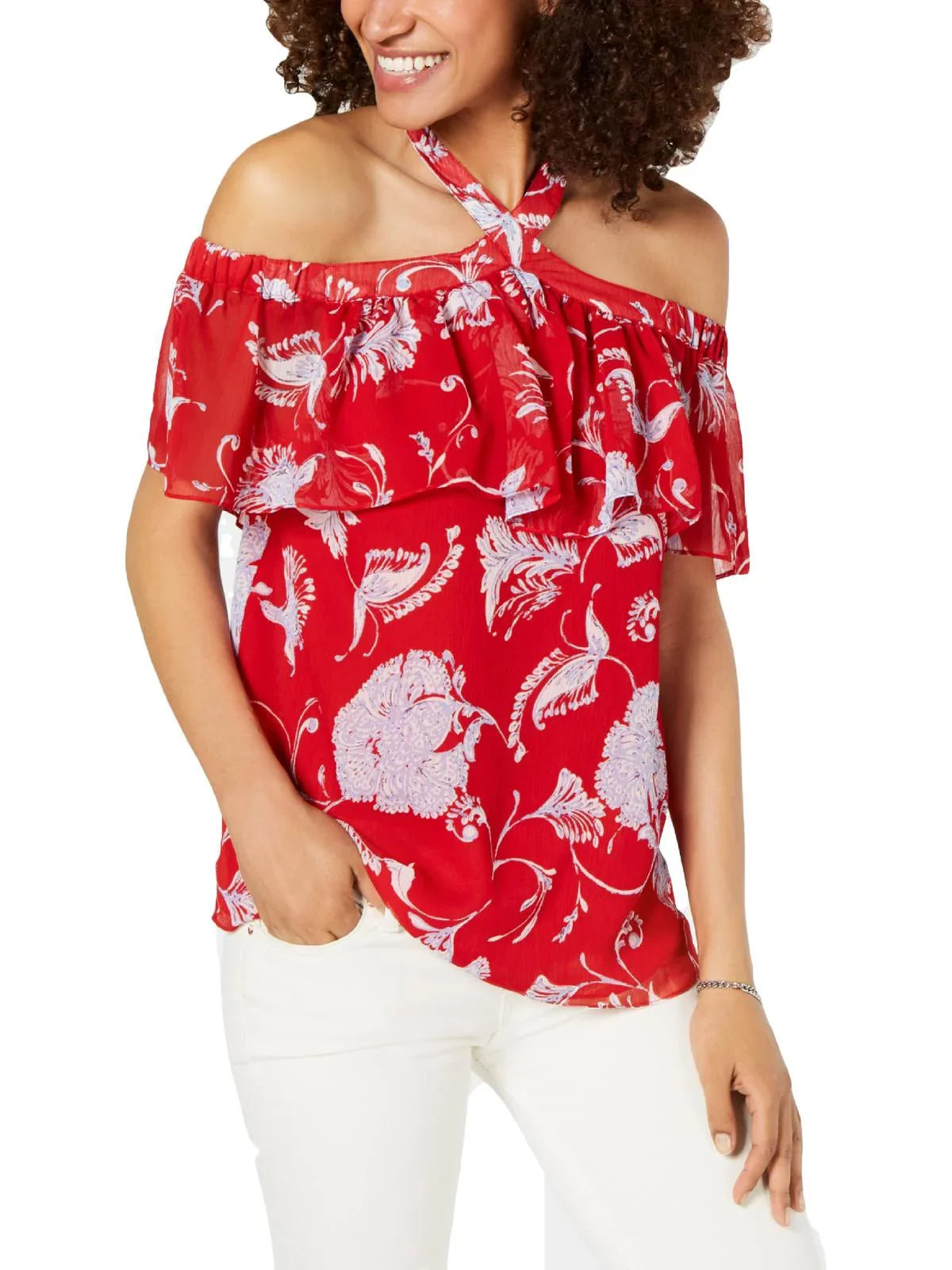 Tommy Hilfiger Womens Off the Shoulder Printed Blouse Red XS