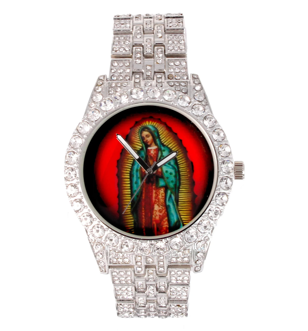 Charles Raymond The Virgin of Guadalupe Blessed Dial - Mens Hip Hop Metal Iced Out Wristwatch - Blinged Out Big Rhinestones on Trim - ST10226 BGS Single (Silver ST10361A)