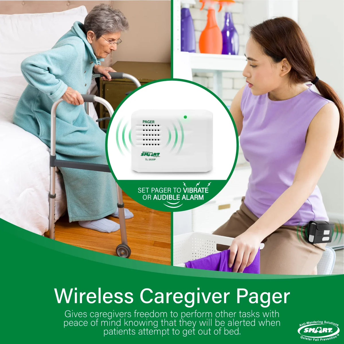 Smart Caregiver Wireless Bed Pad Alarm System with Weight Sensor and Pager for Fall Prevention | 10" x 30" Alarm Pad for Bed Alerts Medical Caregiver | Cordless Bed Alarm with Up to 300' Range